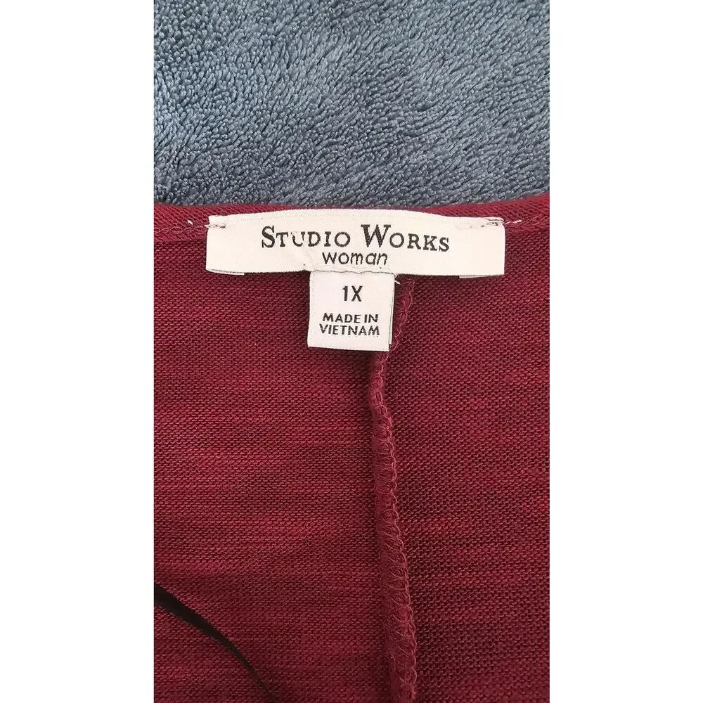 Studio Works Women's Lace Detail Wine Glace Cardigan & Necklace Set - Size 1X